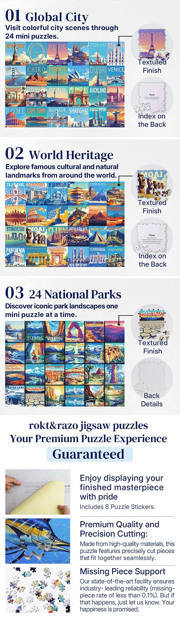 rokt&razo Travel Series, 24 Mini Pack 1000 Pieces Jigsaw Puzzle, 8 Puzzle Stickers, 3 Themes: National Parks, World Heritage, Global City Tour, Daily Puzzle, Family Game Night, Finished Size 27.5 x 19.7 in rokt&razo Travel Series, 24 Mini Pack 1000 Pieces Jigsaw Puzzle, 8 Puzzle Stickers, 3 Themes: National Parks, World Heritage, Global City Tour, Daily Puzzle, Family Game Night, Finished Size 27.5 x 19.7 in