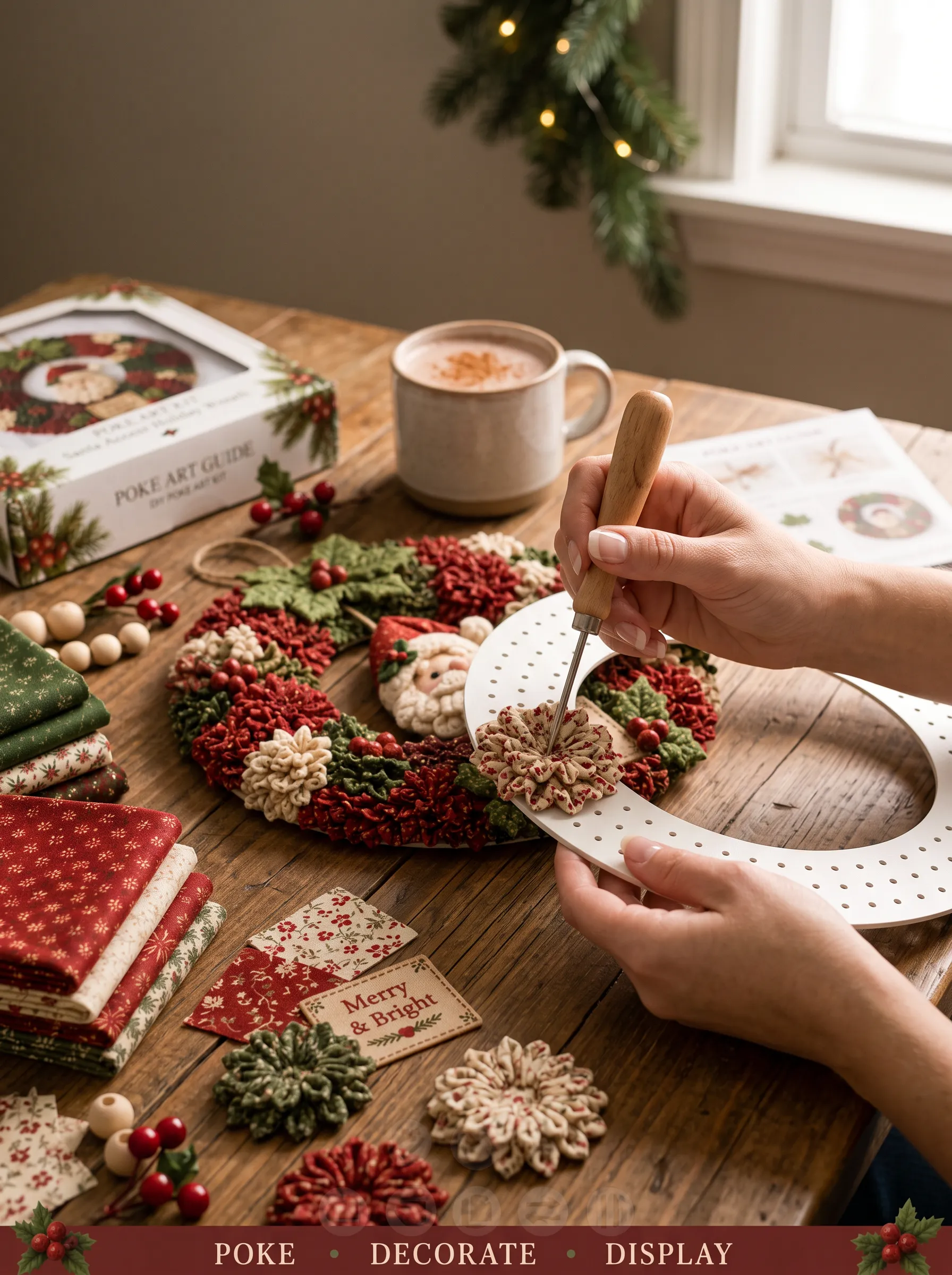 Hands crafting a Christmas poke fabric wreath with wooden tool