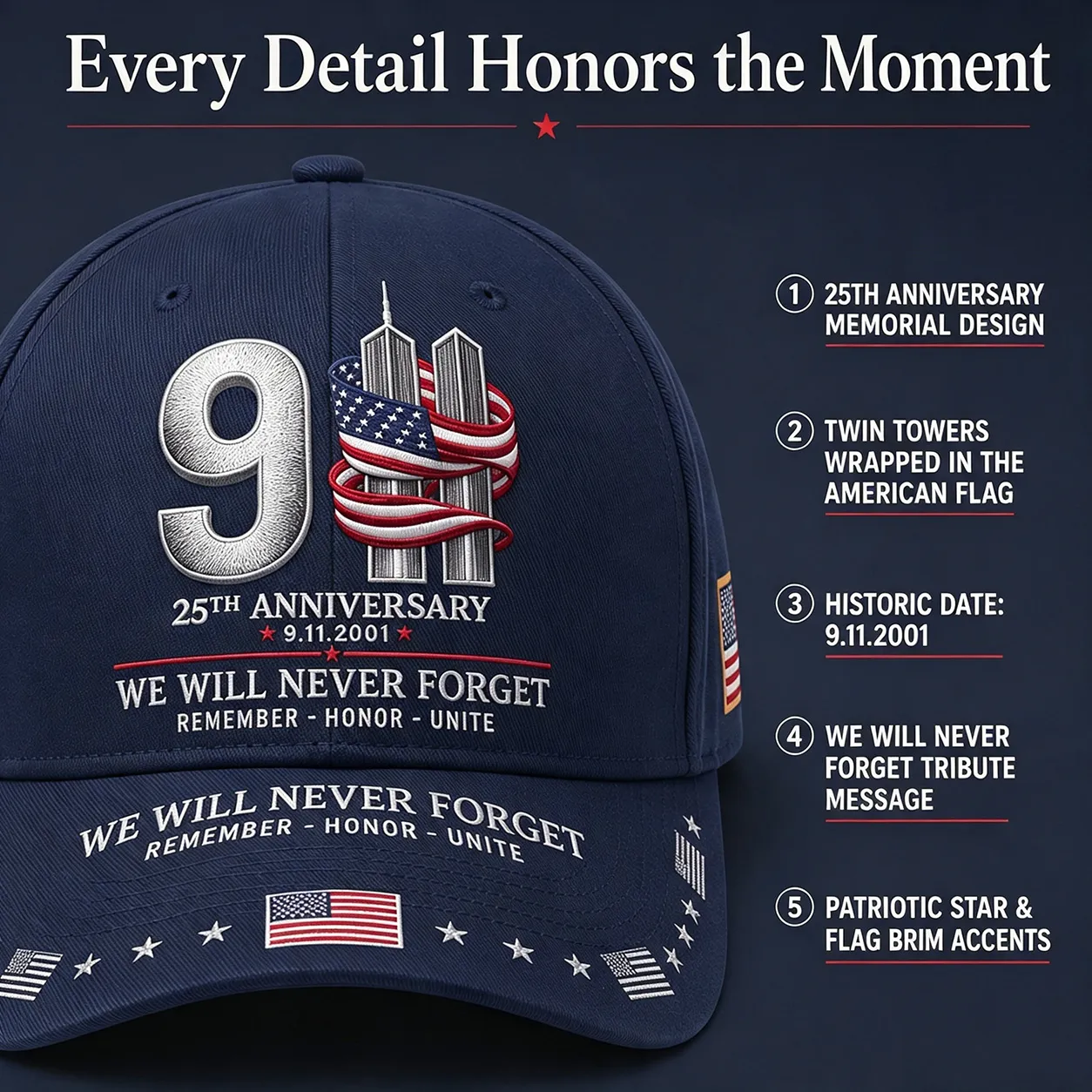 9/11 25th Anniversary We Will Never Forget Printed Memorial Baseball Cap – Unisex Patriotic Memorial Hat - Navy Blue / One Size Fits Most (Circumference 21 5/8"- Circumference 24 1/8")