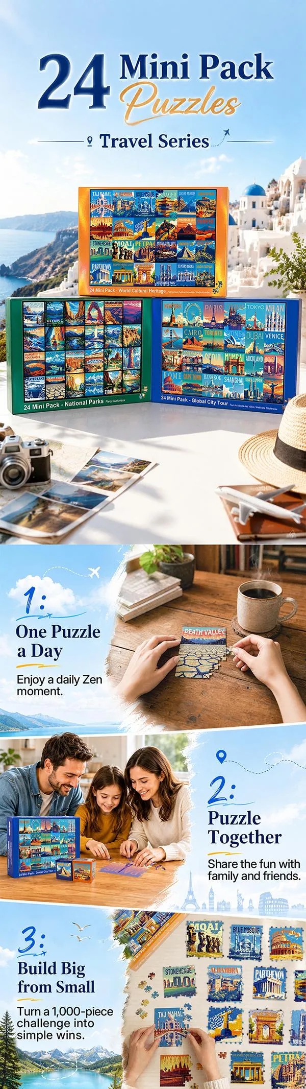 rokt&razo Travel Series, 24 Mini Pack 1000 Pieces Jigsaw Puzzle, 8 Puzzle Stickers, 3 Themes: National Parks, World Heritage, Global City Tour, Daily Puzzle, Family Game Night, Finished Size 27.5 x 19.7 in rokt&razo Travel Series, 24 Mini Pack 1000 Pieces Jigsaw Puzzle, 8 Puzzle Stickers, 3 Themes: National Parks, World Heritage, Global City Tour, Daily Puzzle, Family Game Night, Finished Size 27.5 x 19.7 in